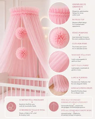 Imagen del producto de Cortina para cuna con mosquitera, color rosa, para cuna y moisés, decoración para habitación infantil