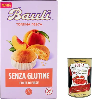 Produktbild von 3x Bauli Tortina Pesca Senza Glutine, Pfirsich kuchen, Gluten free, Für ein glutenfreies Frühstück 140g + Italian Gourmet polpa 400g