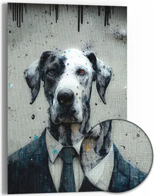 Produktbild von DEQOART Hybrid Leinwand Bild 60x90 cm 'Krawattenhund' Wandbild Glas flach modern