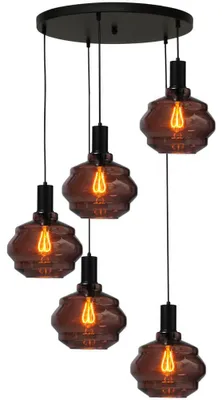 Productafbeelding van 5-lichts vide hanglamp - zwart - Porto met Ball red glazen - Ø 24cm