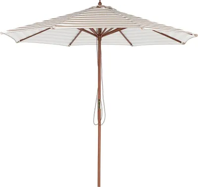 Produktbild von Beliani Sonnenschirm, Polyester & Birkenholz, Beige/Weiß, 260x260x245 cm. Wasserdicht, UV-beständig, UPF 50+, mit Winddach & Seilzug. Pflegeleicht. Gestreift, sechseckig, modern, mit 8 Streben. Für Garten, Terrasse, Balkon. Windstabil bis 25 km/h.