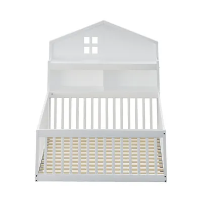 Produktbild von Flieks Kinderbett Hausbett 140x200cm mit Lattenrost, Bodenbett Spielbett mit Tür und Staufach, Doppelbett Holzbett mit Tafel, Weiß