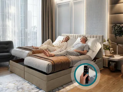 Image de TRADA Adele Lit Boxspring adulte 140x200 Ensemble Matelas+sommier Relaxation électrique avec Matelas Ressorts ensachés, Rangement et surmatelas Beige