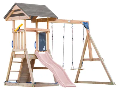 Image de Axi Mia Aire De Jeux En Bois Avec 2 Balançoires, Toboggan Rose Pastel / Aire De Jeux Extérieur, Bac À Sable, Mur D'Escalade | Portique