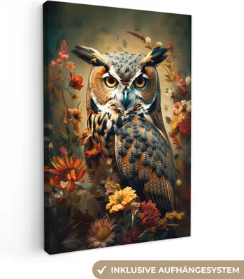 Produktbild von MuchoWow® - Leinwandbilder - Eule - Vogel - Blumen - Botanisch, Wandbild, Wanddeko Bilder Wohnzimmer, 80x120 cm