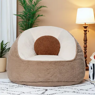 Zdjęcie produktu dla Fotel-worek HOMMPA, sofa-worek z sztucznego futra dla dzieci, wygodny fotel podłogowy do salonu i sypialni, kolor brązowy kokosowy, 75×60×60 cm