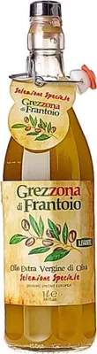 A bottle of olive oil with a label.