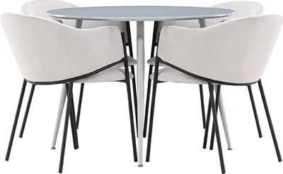 Produktbild von Plaza Essgruppe Tisch Ø100cm und 4 Velours Stühle mit Armlehnen grau.
