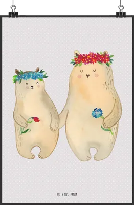 Produktbild von Mr. & Mrs. Panda Bild Bären mit Blumenkranz DIN A1 - Grau Pastell - Geschenk, Wandbild, wanddeko, Family, Muttertag, Mama, Plakat, Kunstdruck, Lieblingsmensch, drucke