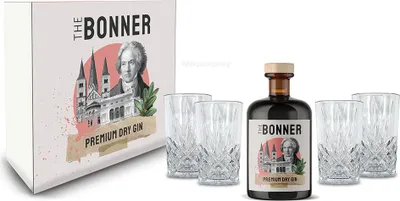 Produktbild von The Bonner Geschenkset - The Bonner Premium Dry Gin 0,5l (41% Vol) + 4x Longdrink Glas in Kristall Optik - [Enthält Sulfite]