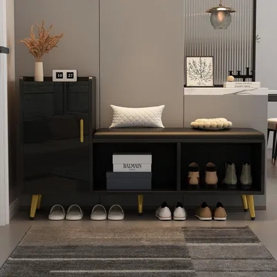 Imagen del producto de Zapatero con banco acolchado, 120x35x71.5 cm, zapatero  de alto brillo con estantes ajustables, ideal para pasillos y dormitorios