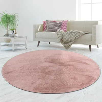 A round pink rug is placed on a light-colored floor in front of a sofa with pillows and a blanket.