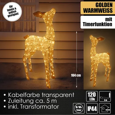 Produktbild von XL LED Acryl Hirschkuh Weihnachtsfigur 104cm beleuchtet Weihnachtsdeko Außen & Innen Gold Warmweiß