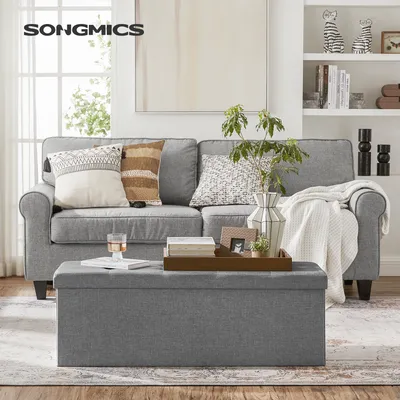 Produktbild von SONGMICS 110 cm Sitzbank mit Stauraum, klappbare Sitztruhe, Fußbank, hellgrau