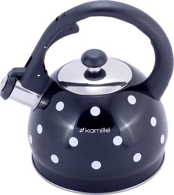 A black polka dot kettle with a silver lid and handle.