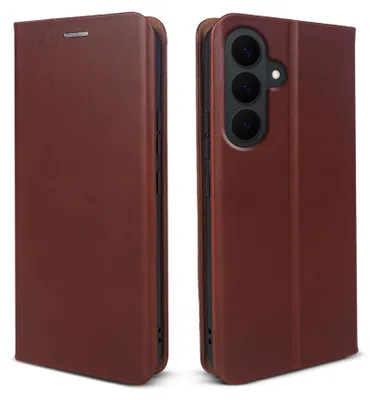 Produktbild von Handyhülle für Samsung Galaxy S26 FE Echtleder Flip Cover Hülle Case Kartenfach RFID Schutz Farbe: Dunkelbraun