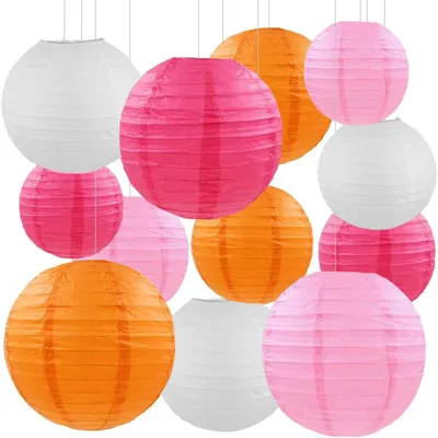 Papierlampions 12 Stück, 15/20/25 cm, rund, weiß/rosa/orange