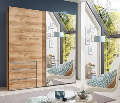 Produktbild von Kleiderschrank "Level36 A" aus Spanplatte in Plankneiche-Nachbildung mit 3 Schubladen und 2 Türen. Abmessungen (B/H/T) 250x216x65 cm