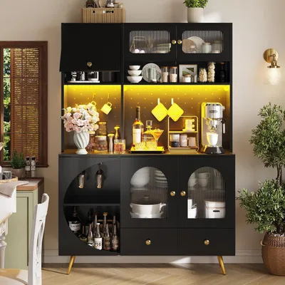 Immagine prodotto di Armadio alto da cucina con illuminazione a LED, prese USB, prese di corrente, portabottiglie per vino, colore nero, dimensioni 120x40x176 cm