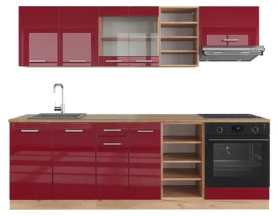 Produktbild von Küchenzeile Vicco R-Line Rot Hochglanz/Goldkraft Eiche 240 cm ohne Arbeitsplatte, Model 37684