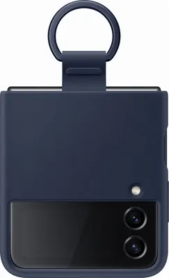 A dark blue silicone case for a Samsung Z Flip4 phone with a finger loop attached.