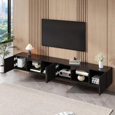 Imagen del producto de STILVORA: Mueble de TV con 4 puertas, mueble para televisión con 2 compartimentos abiertos, mueble de TV con iluminación LED y control mediante aplicación, y estantes de vidrio