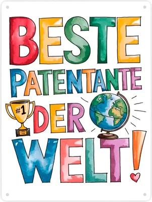 Produktbild von Beste Patentante der Welt Metallschild XXL in 28x38 cm goldener Pokal Globus