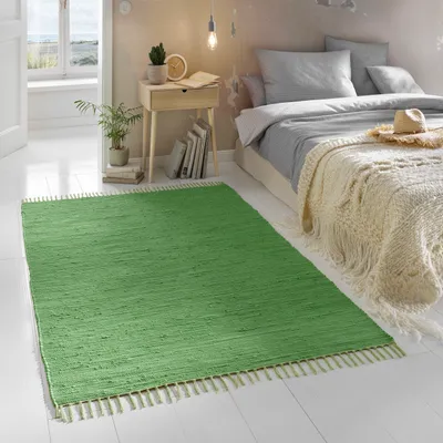 Produktbild von Flicken-Teppich 100% Baumwolle I Waschbarer Fleckerl mit Fransen I Esszimmer Küche Badezimmer Wohnzimmer Kinderzimmer | Grün