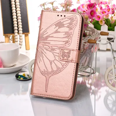 Produktbild von Galaxy S21 FE Hülle, Schmetterling Prägung Flip Leder Kartenfächer Schutzhülle Ledertasche mit Ständer für Samsung Galaxy S21 FE Roségold