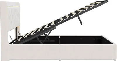 Obrázek produktu pro Čalouněná postel Fortuna Lai 140x200 cm, LED a USB, hydraulická postel s úložným prostorem, samet, béžová barva