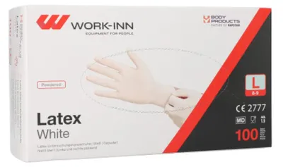 Produktbild von 100 "WORK-INN" Handschuhe, Latex gepudert "White" weiss - natur Größe L