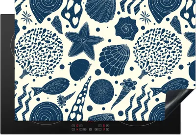 Produktbild von KitchenYeah© Herdabdeckplatte Muscheln - Strand - Blau - Muster , 76x51cm, Küche Deko, Glaskeramikkochfeld Herdabdeckung, Abdeckplatte fùr Kochfeld