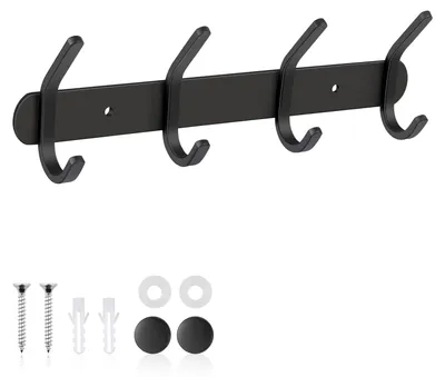 Image de Porte-manteau mural, crochets muraux en acier inoxydable, porte-serviettes avec 4 crochets pour suspendre chapeaux, manteaux, serviettes et sacs à main, noir