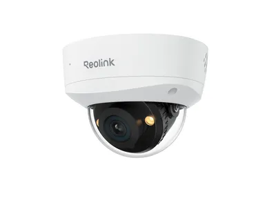 A white dome surveillance camera with a clear lens is shown against a white background.