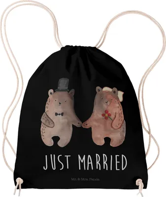 Produktbild von Mr. & Mrs. Panda Jutebeutel Bär Heirat - Schwarz - Geschenk, Teddy, Sportbeutel Kita, Beutel, sporttasche klein, stoffbeutel kordel, wander rucksack
