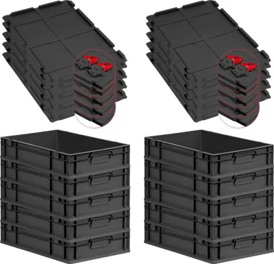 Produktbild von SuperSparSet 10x Eurobox NextGen Grip mit Scharnierdeckel und roten Schiebeschnappverschlüssen | HxBxT 12x40x60cm | 23 Liter | Schwarz | Griffe geschlossen | Eurobehälter, Transportbox, Transportbehälter, Stapelbehälter