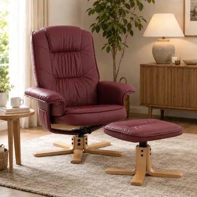 Obrázok produktu pre Relaxačné kreslo M56, TV kreslo TV kreslo s otomanskou stoličkou, Imitácia kože eukalyptové drevo s certifikátom ~ bordeaux