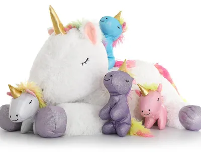 Produktbild von Einhorn Kuscheltier XXL mit 4 Babys im Bauch, 5er Set Bunt-Weiß, 55cm