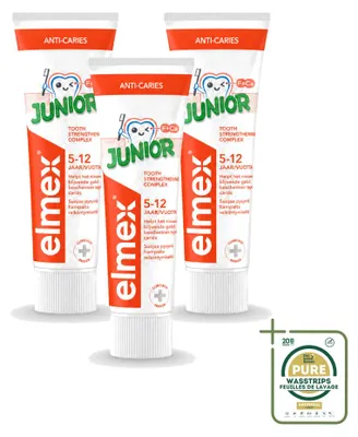 Zdjęcie produktu dla 3 sztuki pasty do zębów Elmex Junior - dla dzieci w wieku 5-12 lat - 75 ml - zestaw ekonomiczny