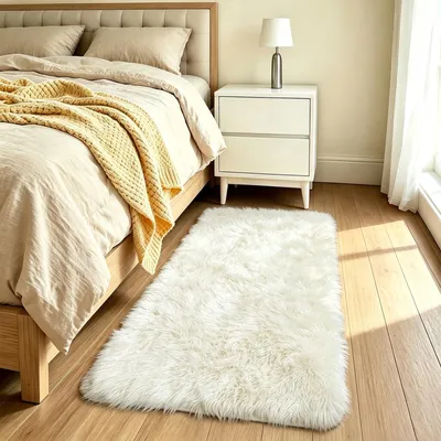 Produktbild von Fluffy beiger Teppich 60 x 120 cm - Waschbar und rutschfest