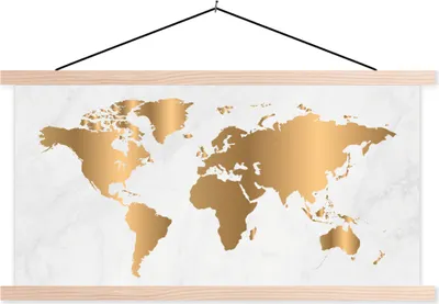Produktbild von MuchoWow® Textilposter Weltkarte - Gold - Marmoroptik - Luxus - Design 120x60 cm mit holzfarbenen Rahmen - Klemmleiste
