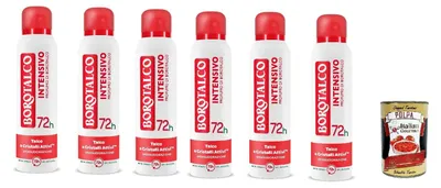 Produktbild von 6x Borotalco Intensivo deo Deodorant-Spray, Formel ohne Alkohol und mit aktivem Crystal Talk, Talkumpuderduft, 72h Wirkungsdauer 150 ml + Italian Gourmet Polpa 400g