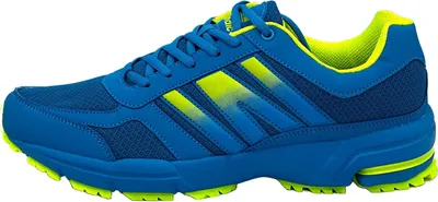 A single blue and green athletic shoe shown from the side.