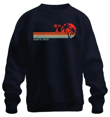 Imagen del producto de Santa Cruz, California. Playa. Surf. Palmeras. Sudadera de cuello redondo con motivos de California. Color azul marino, talla S