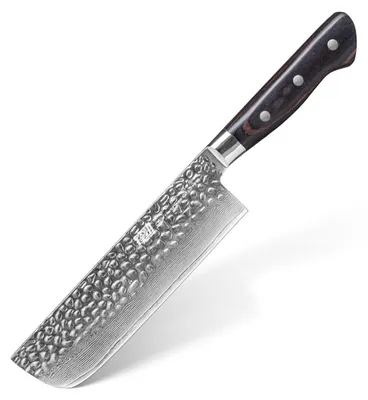 Image de Couteau Nakiri, 18 cm, série Raven, acier damasquiné, manche en bois de pakka, lame martelée