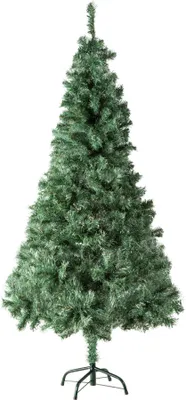 A full shot of an artificial Christmas tree on a white background.