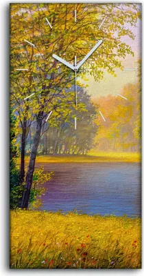 Produktbild von Leinwand Wanduhr Wandkunst Uhr 30x60 Gemälde Wald Bäume Blumen Fluss Natur - weiße Hände