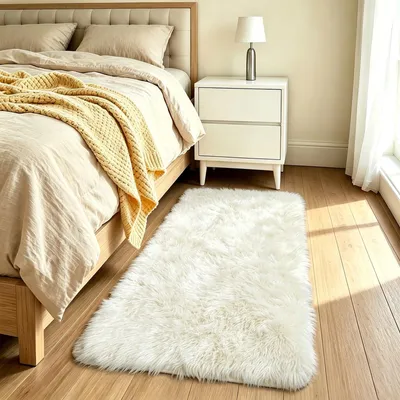 Flauschiger Teppich 60x120 cm, beige, rutschfest, waschbar, Hochflor