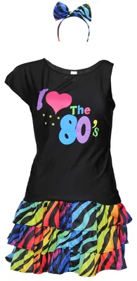 Produktbild von 80er Jahre Damen Kostüm - buntes Tutu Haarreif und schwarzes neon Shirt - Größe