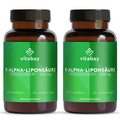 Produktbild von Vitabay R-Alpha-Liponsäure 300 mg – 240 vegane Kapseln (2er Bundle) – bioaktive R-Form – 8 Monate Vorrat